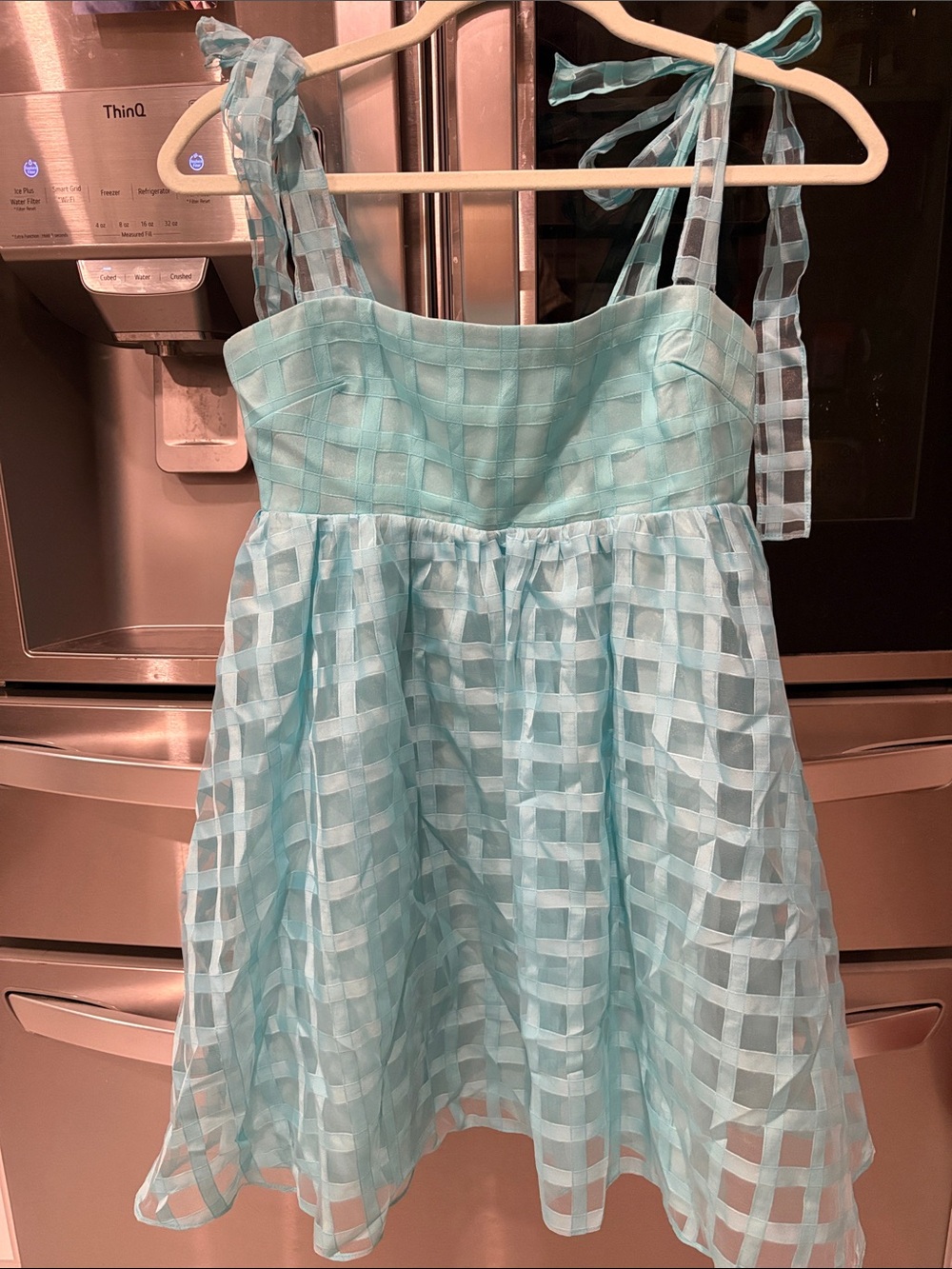 Amanda Uprichard Light Blue Checkered Organza Tie-Strap Dress